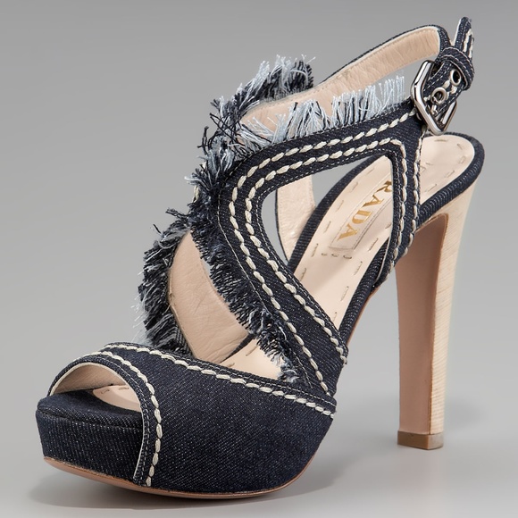 Prada Blue Denim Fringe Platform Open Toe Sandal - Picture 1 of 8